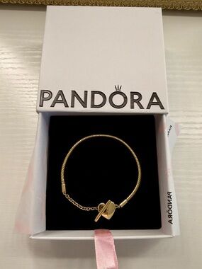 Pandora Gold Moments Heart T-Bar Snake Chain Bracelet